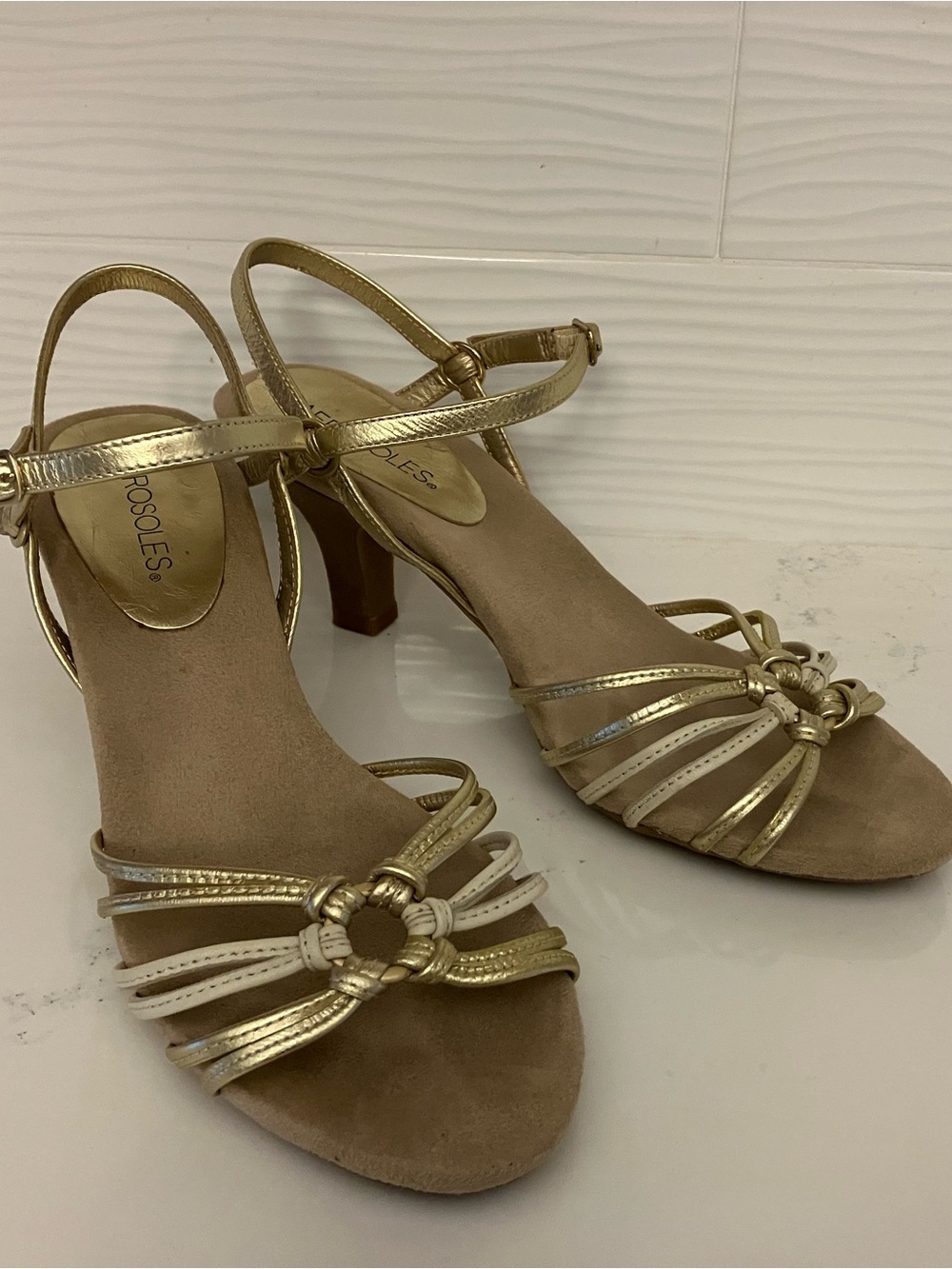 Aerosoles Gold and Cream Knotted Strappy Heels